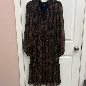 Tommy Hilfiger Long Sleeve Paisley Tiered Dress in Brown and Black